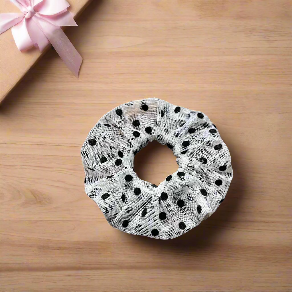 White and Black Polka Dots Scrunchie