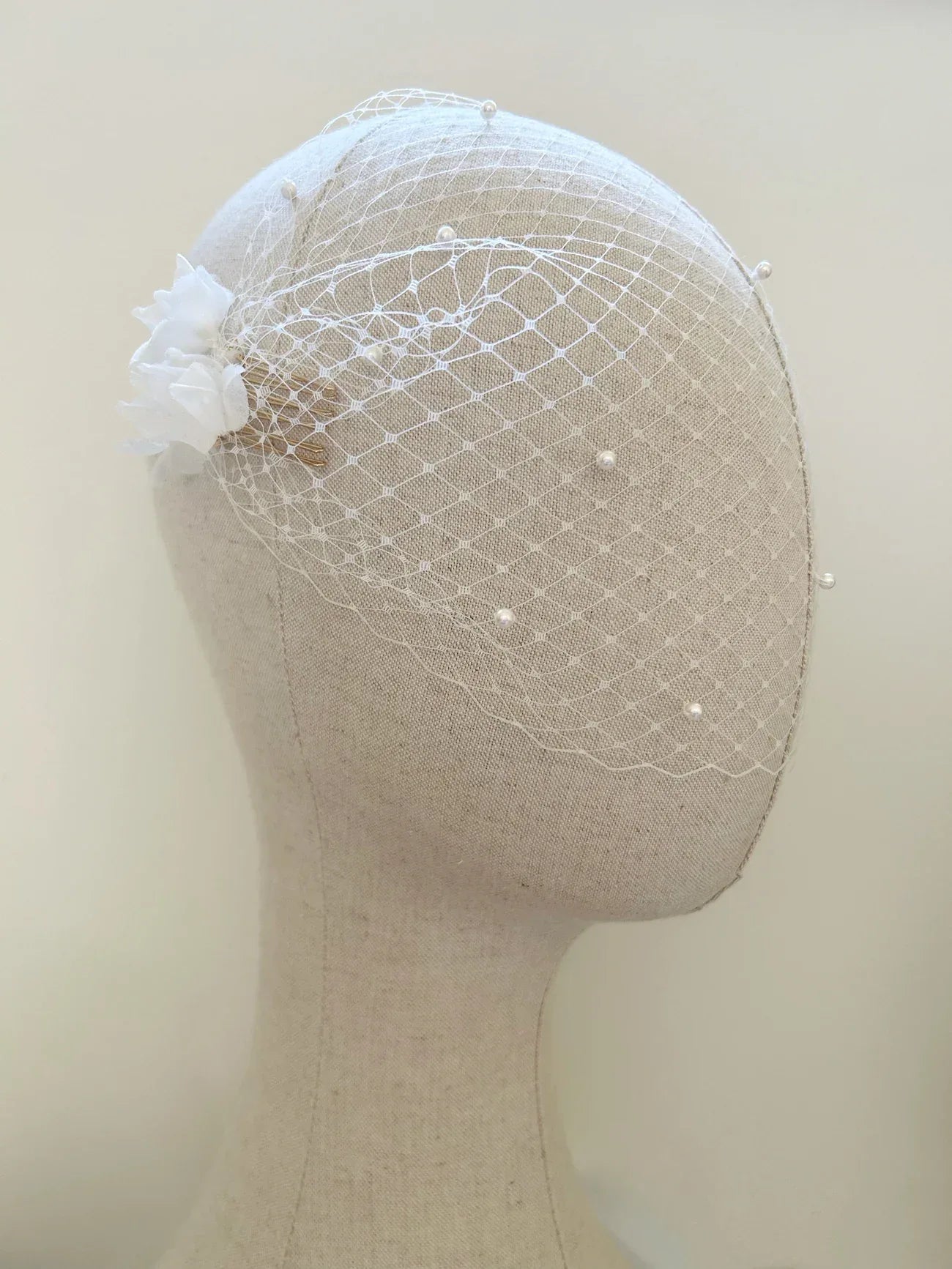 Pearl Petals White Birdcage Veil with Comb Hair Clip