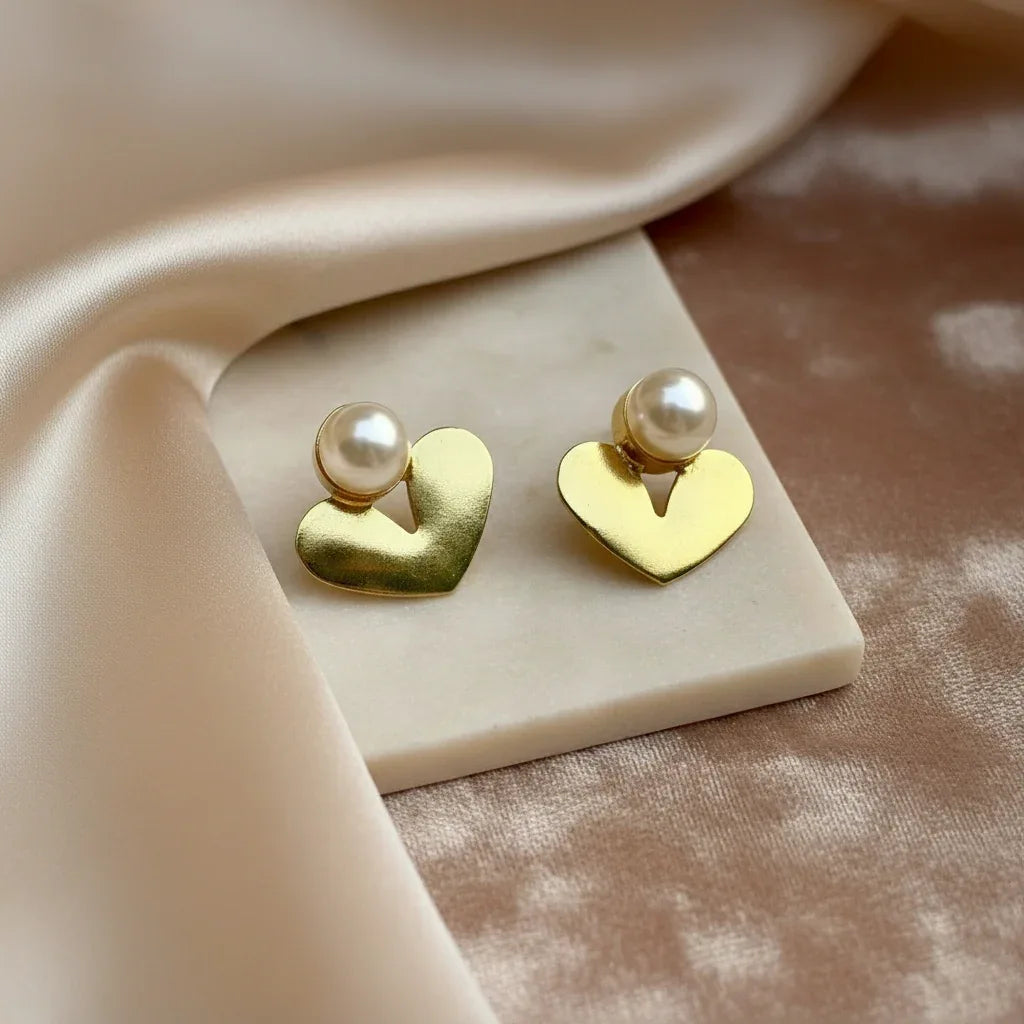Golden Heart Pearl Stud Earrings