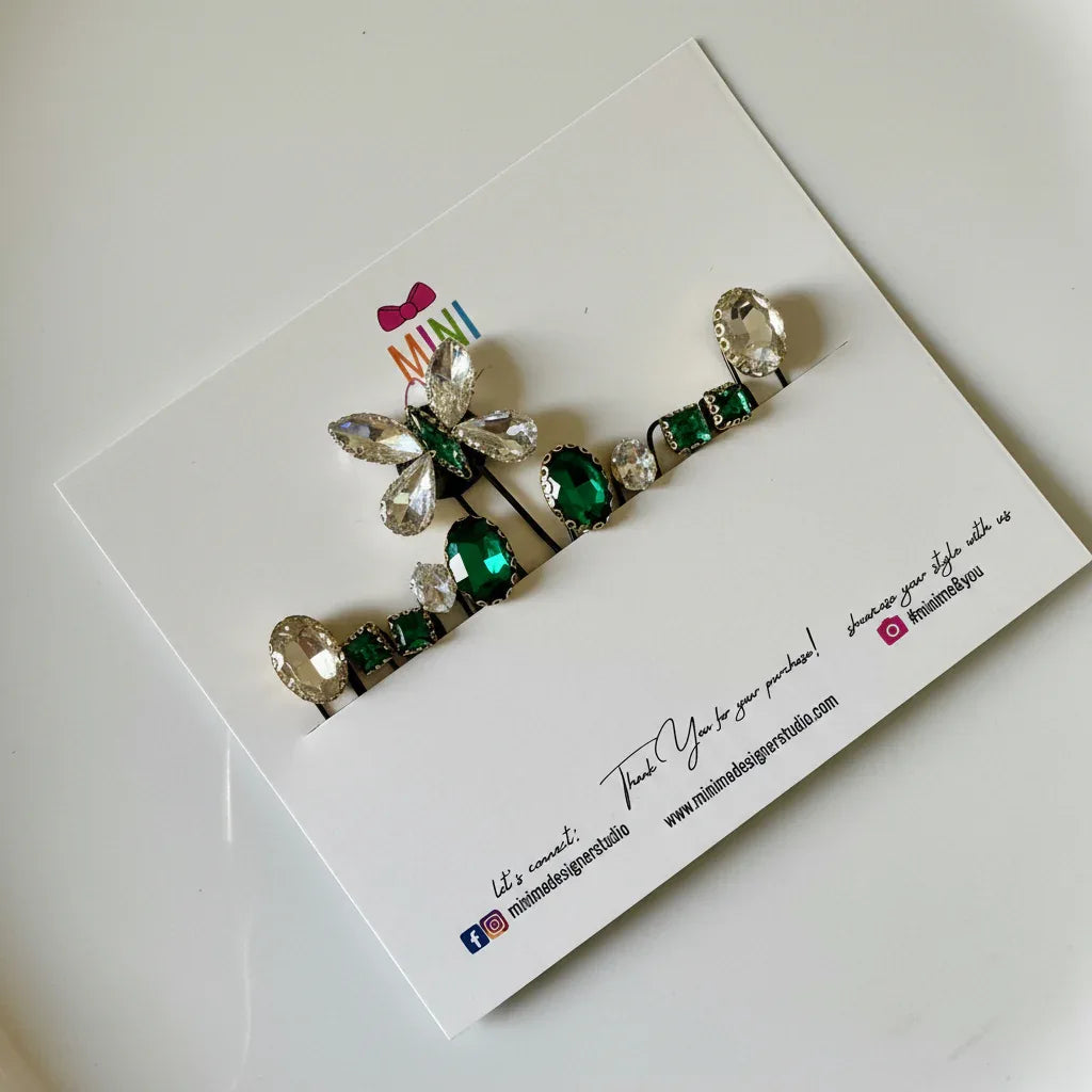 Emerald & Crystal Butterfly Hair Pins Set