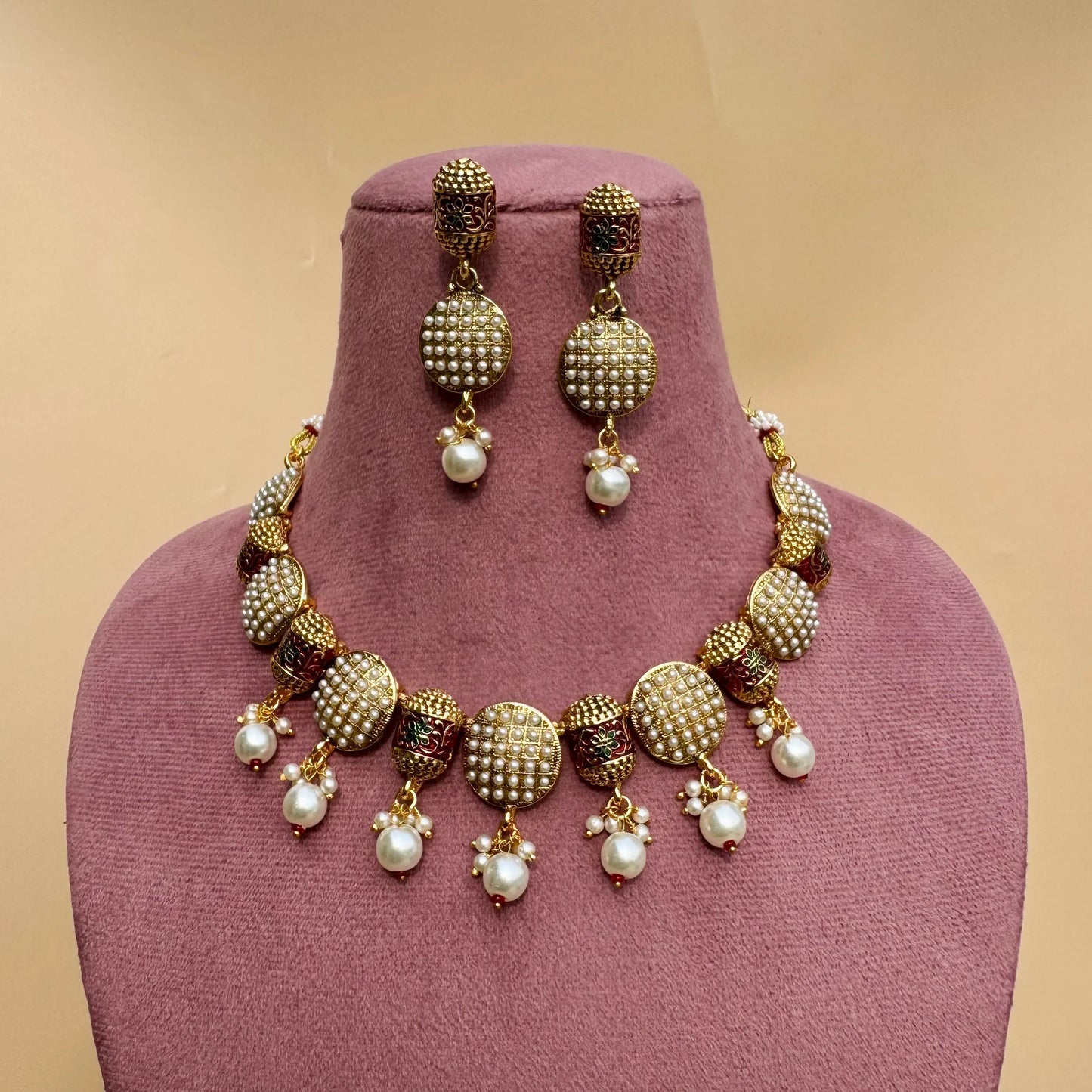 Pearl Dome Meenakari Necklace & Earrings Set