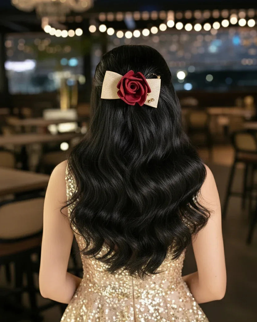Red Rose with Golden Bow Hair Clip