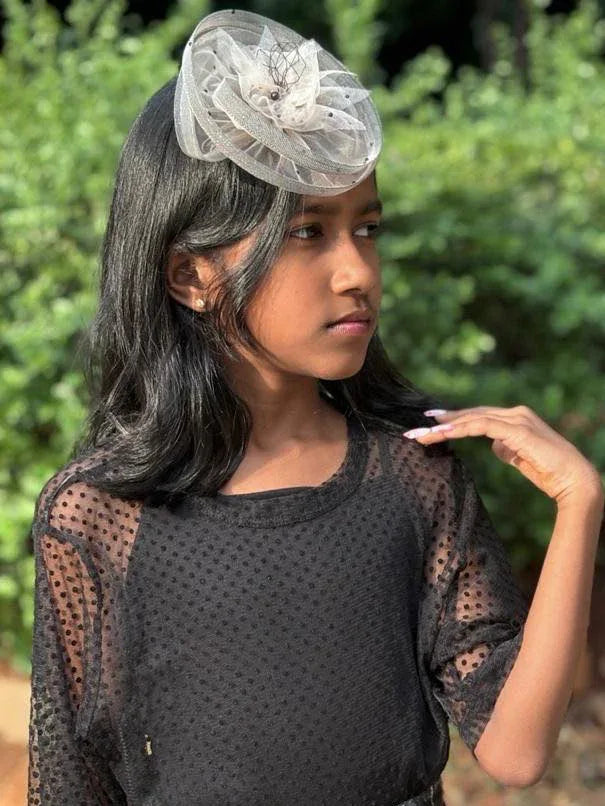 Twisted Warm Gray Fascinator with Black Pearls