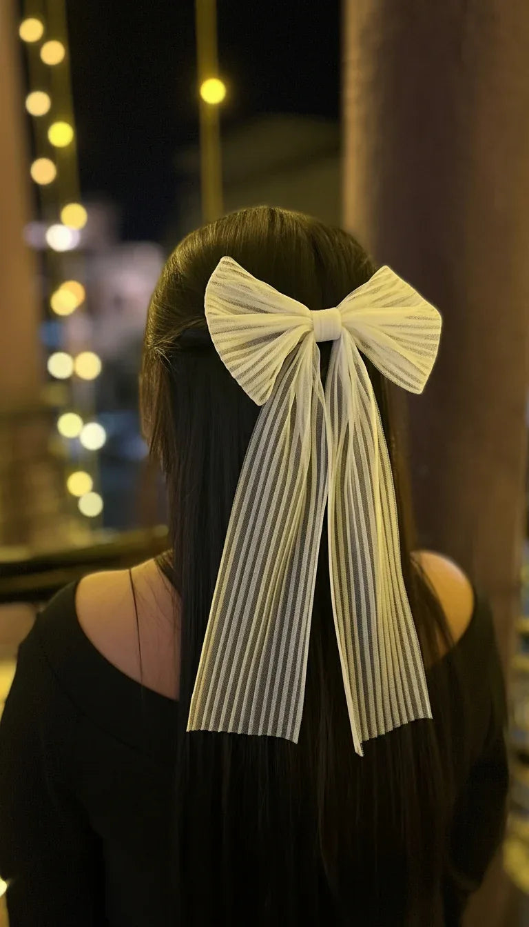 White Pleated Hair Bow Clips