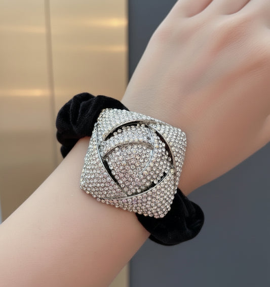 Black Velvet Scrunchie with Luxe Crystal Brooch