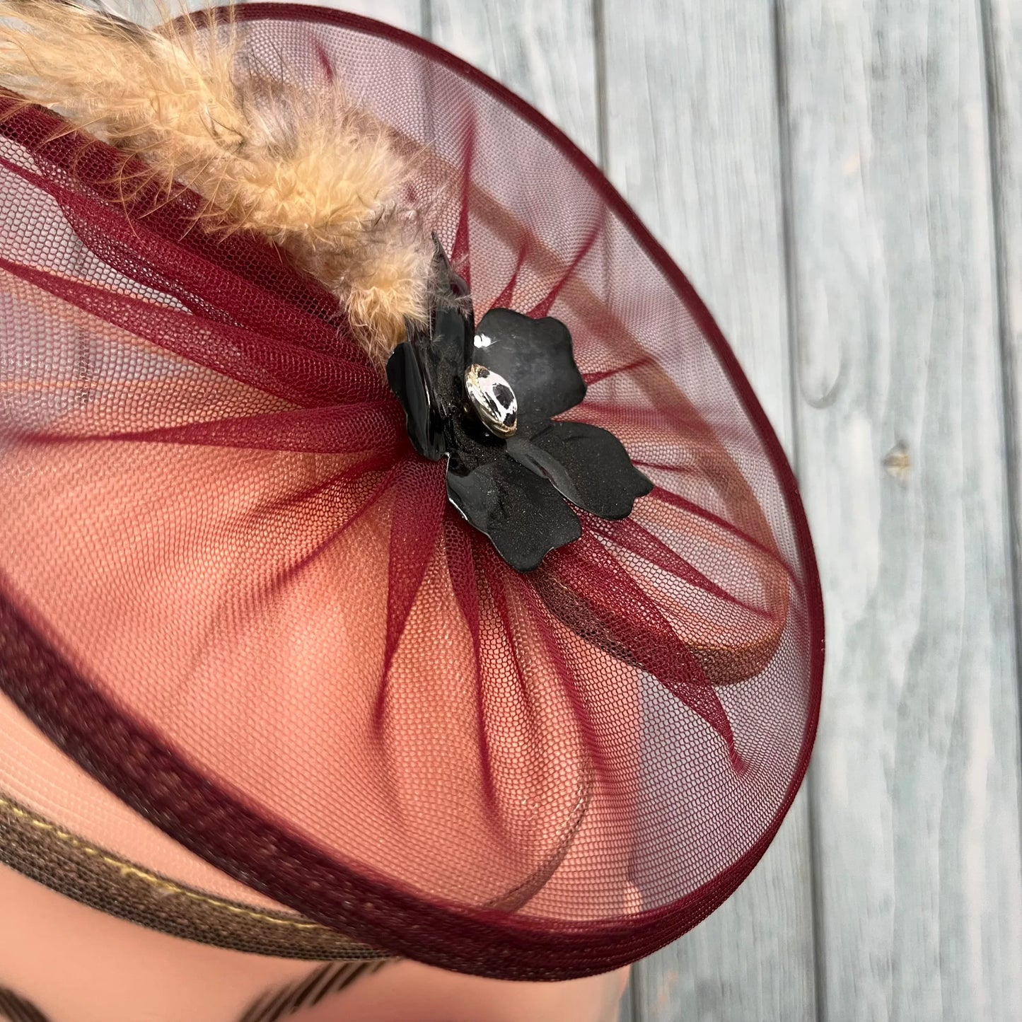 Wine and Beige Fascinator Half Hat with feather and flower