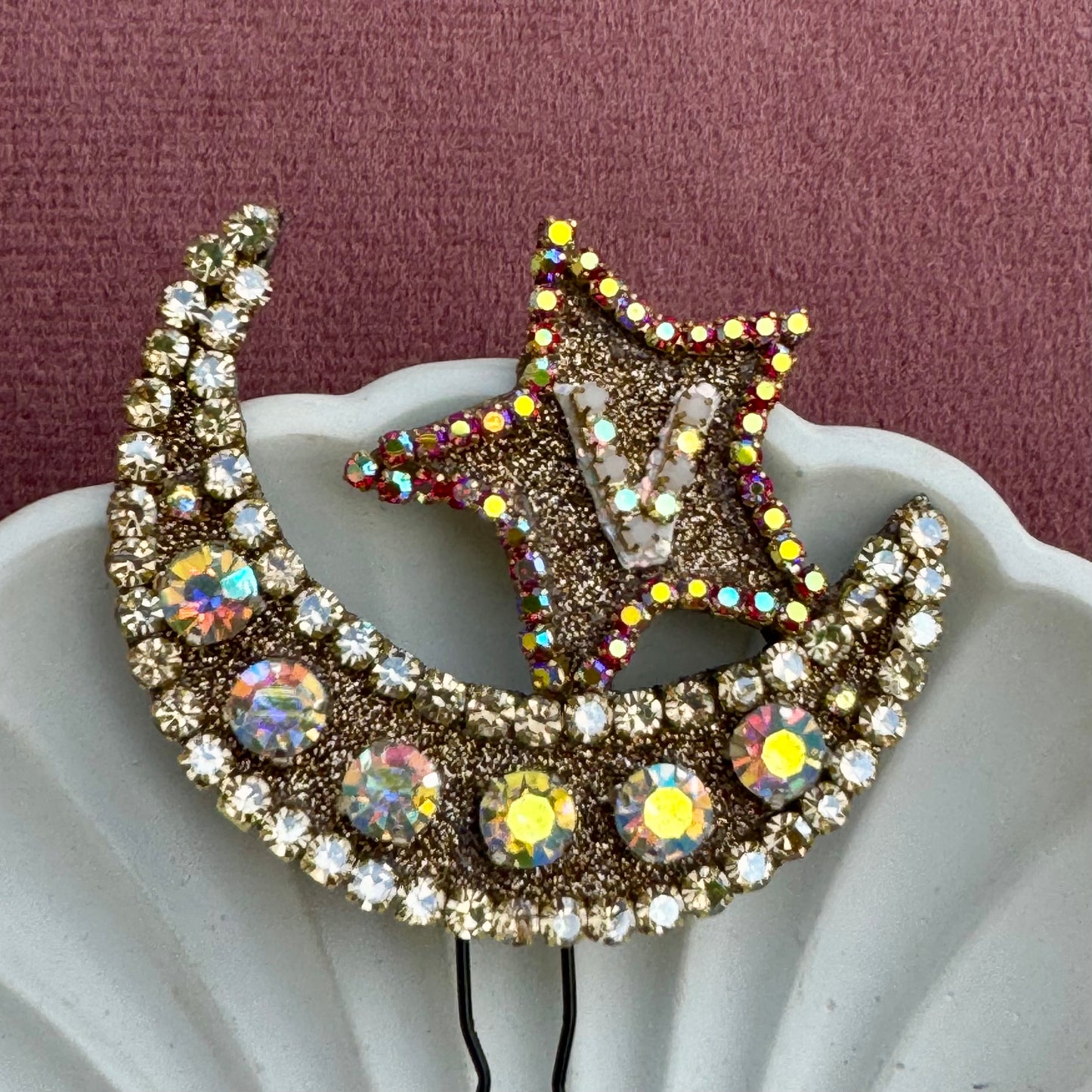 Personalized Crescent Moon & Star Hair Pin with Initial – Sparkling Hair Accessory