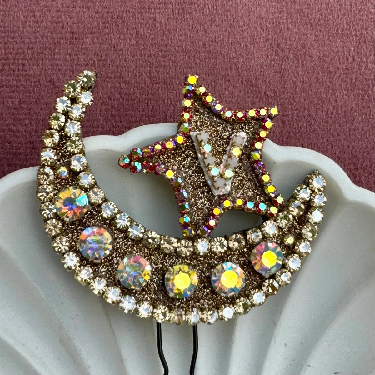 Personalized Crescent Moon & Star Hair Pin with Initial – Sparkling Hair Accessory