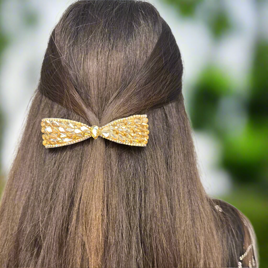 Elegant Gold Crystal Bejeweled Hair Bow Clip for Wedding & Parties