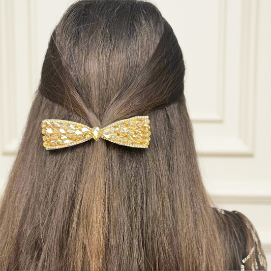 Elegant Gold Crystal Bejeweled Hair Bow Clip for Wedding & Parties