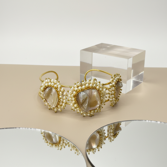 Gold-Plated Kada Bracelet with Pearls & Natural Stone - Mother of Pearls