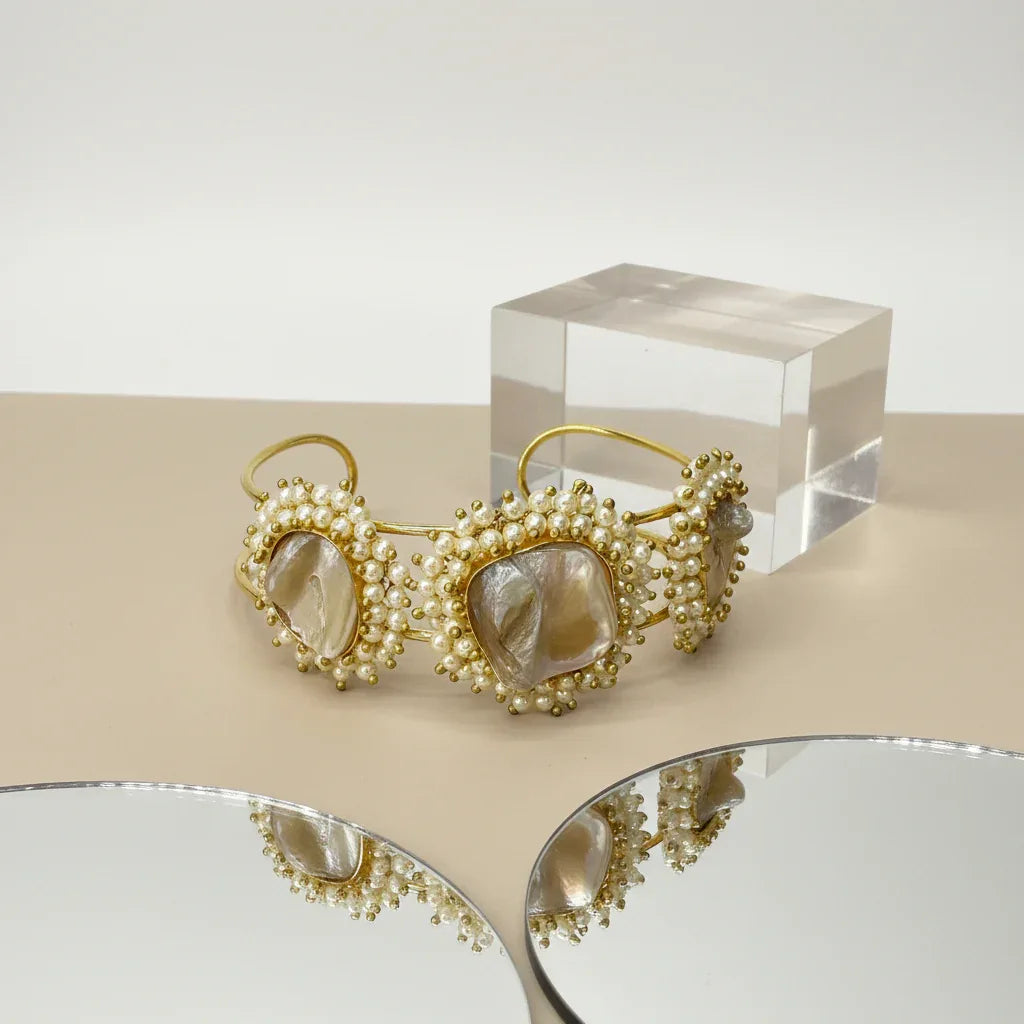 Gold-Plated Kada Bracelet with Pearls & Natural Stone - Mother of Pearls
