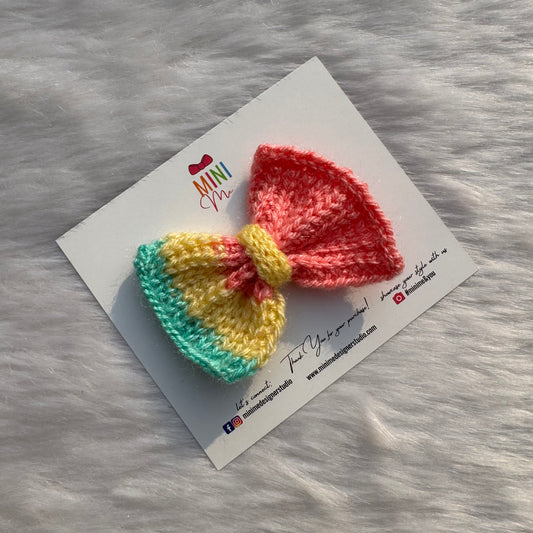 Pink, yellow, and aqua multicolor knitted hair bow clip