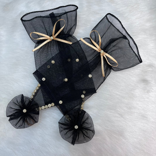 Black Fingerless Gloves with Light Golden Pearls