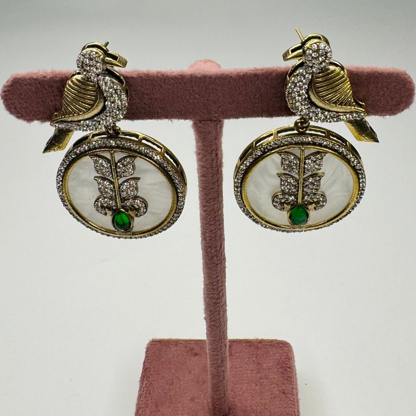 Bird Motif Statement Earrings – Crystal & Emerald Green Accent