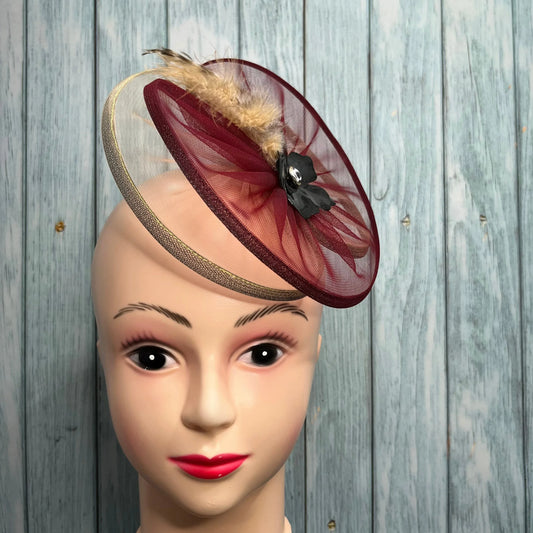 Wine and Beige Fascinator with feather and flower | Royal Kate Kate Middleton Hat