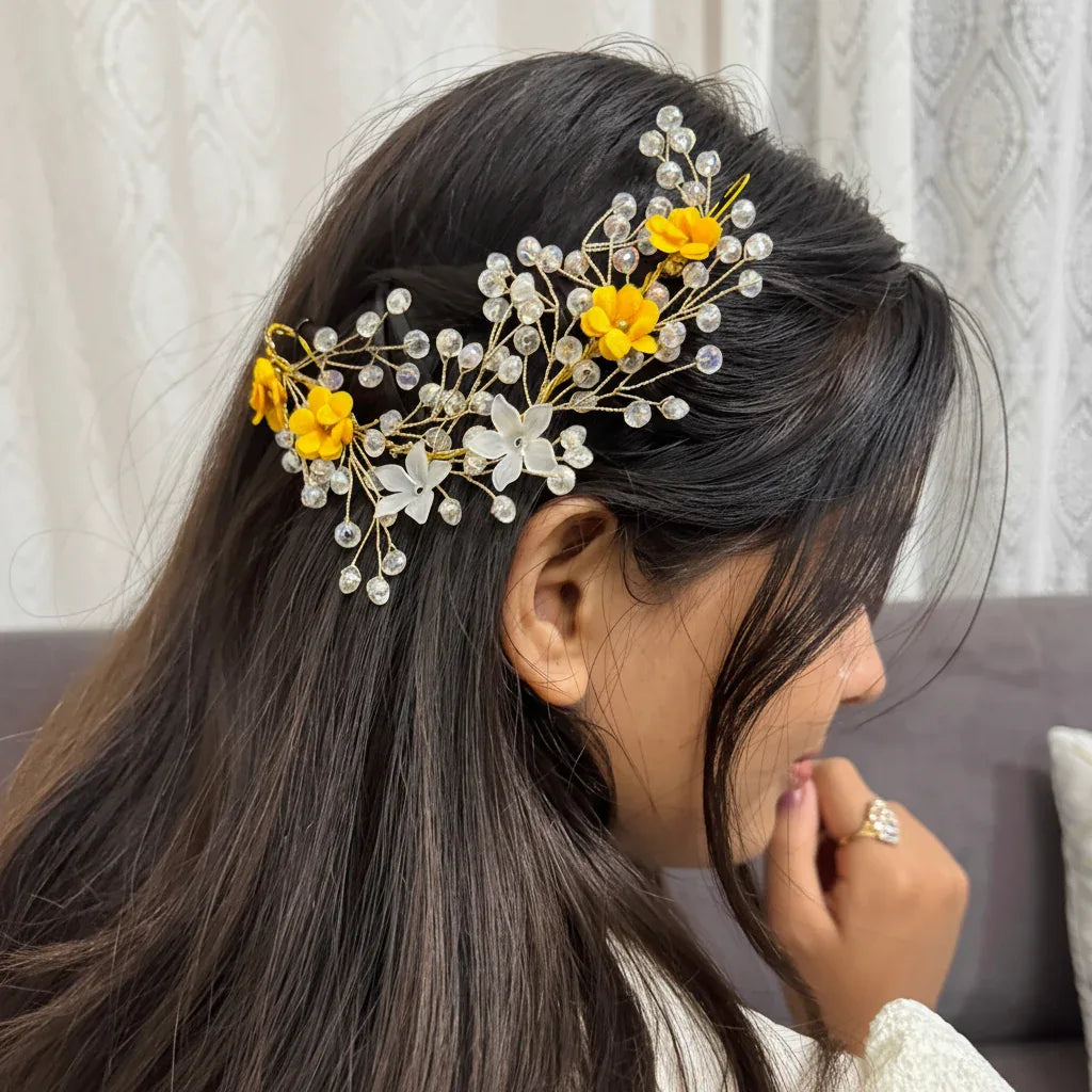 Haldi Crystal & Pearl Bridal Hair Vine | Yellow Crystal Hair Accessory for Haldi & Mehendi