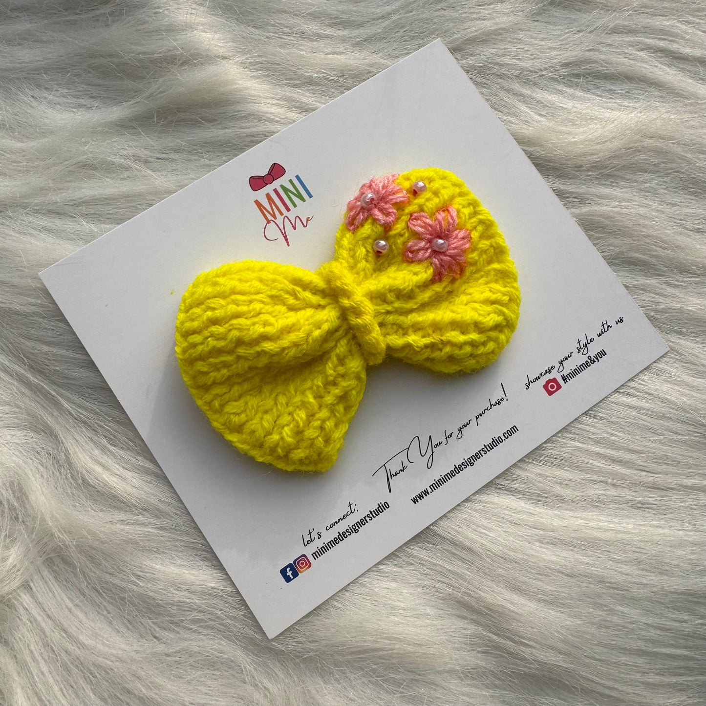 Knitted Yellow Bow Hair Clip with Pink Flower