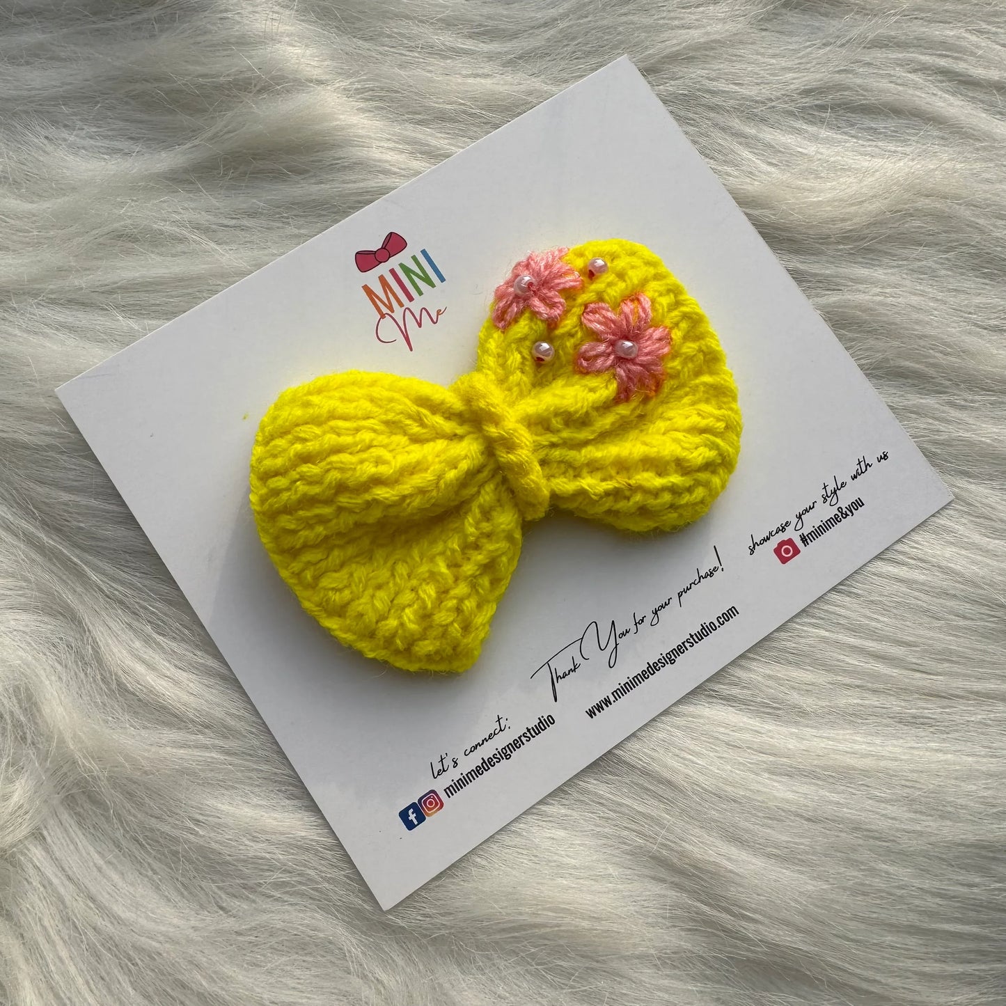 Knitted Yellow Bow Hair Clip with Pink Flower