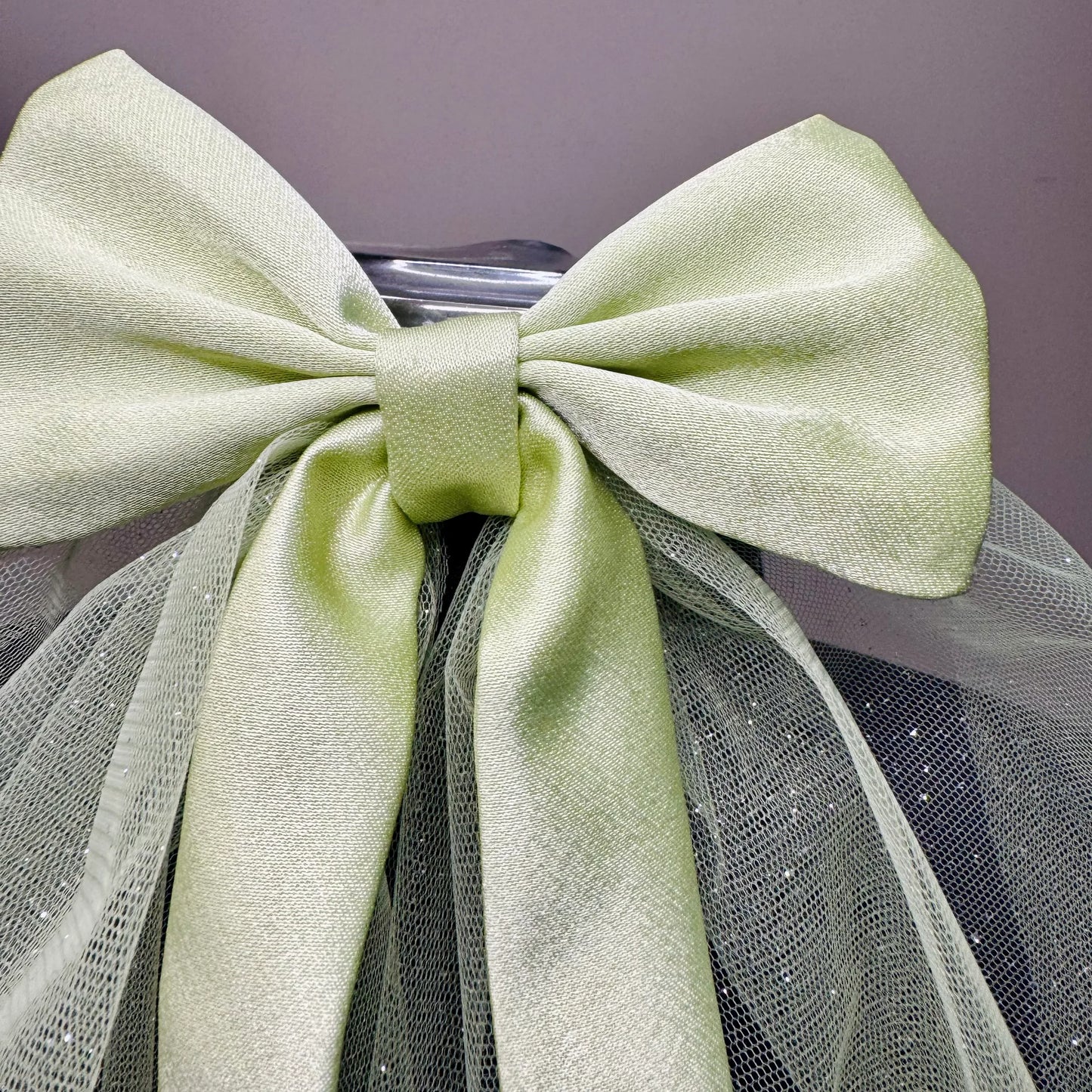 Hazy Morning Pastel Green Satin Bow with Sparkle Veil