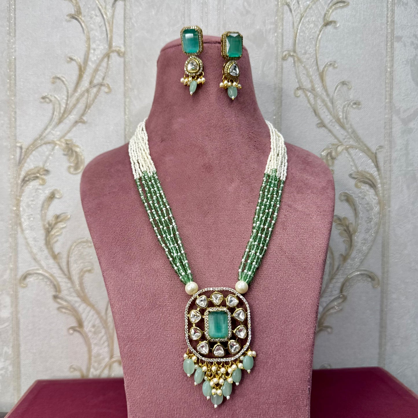 Pearl & Kundan Rani Haar with Matching Earrings – Green Stone Detailing