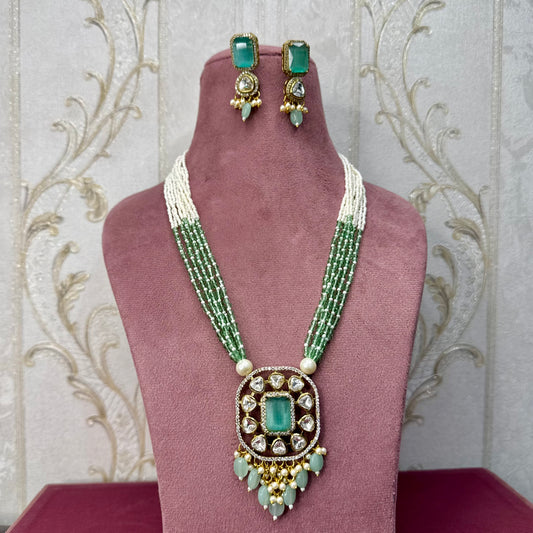 Pearl & Kundan Rani Haar with Matching Earrings – Green Stone Detailing