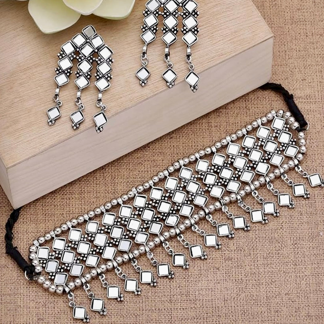 Oxidized Silver-Plated Mirror Studded Choker Jewelry set