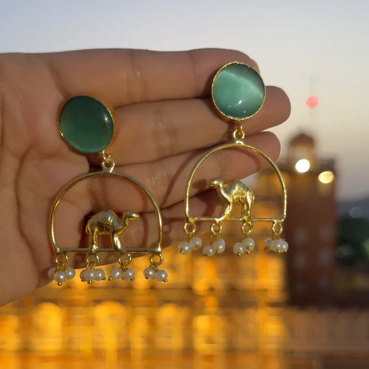 Green Stone Camel Drop Earrings with Pearl Danglers