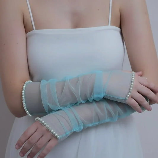 Sky blue Sheer Pearl Trim Gloves – Elegant Mesh Opera Gloves