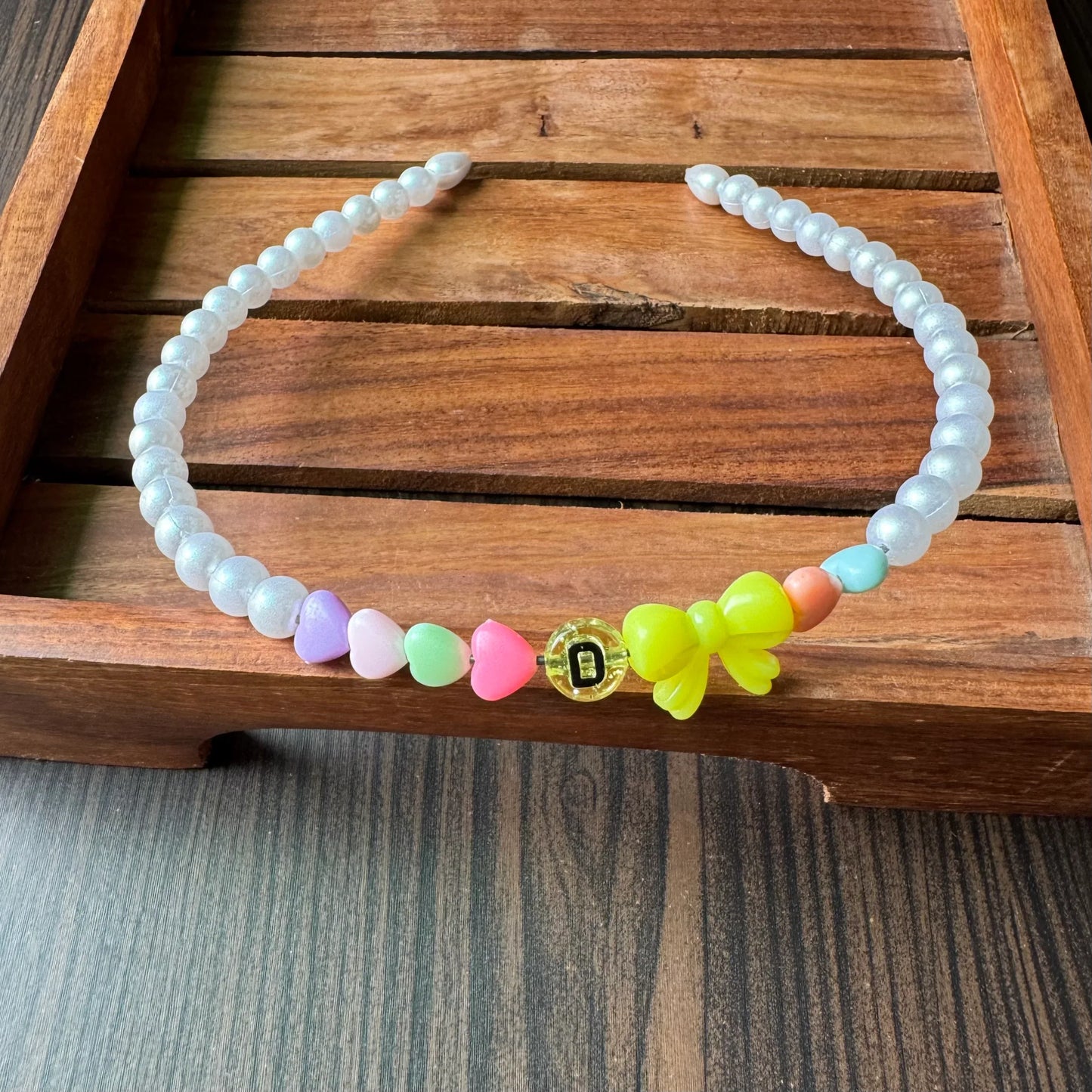 Candy Pearl Heart & Bow Headband – Name Initial - Neon Yellow Bow
