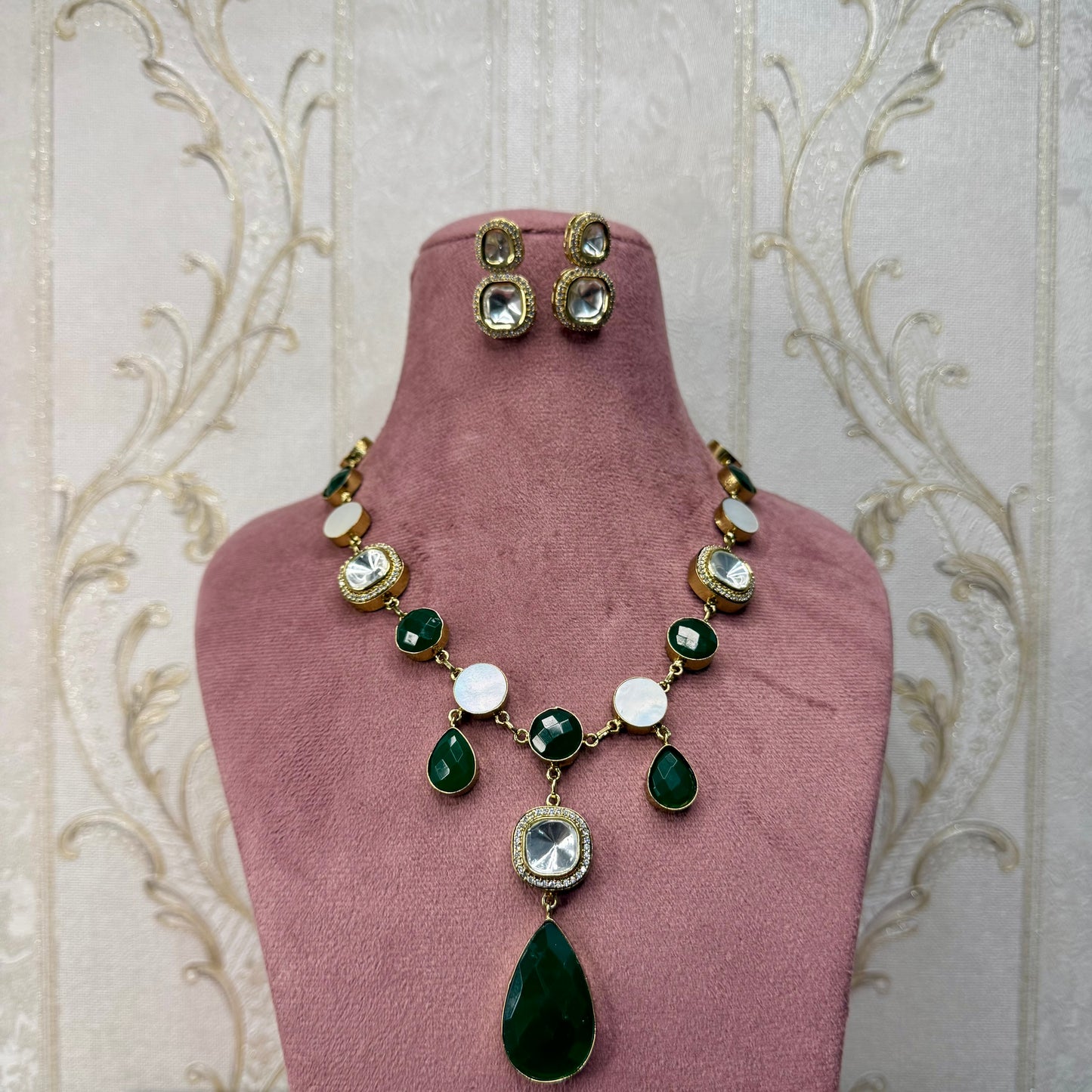 Emerald Green Stone & Kundan Necklace & Earrings Set