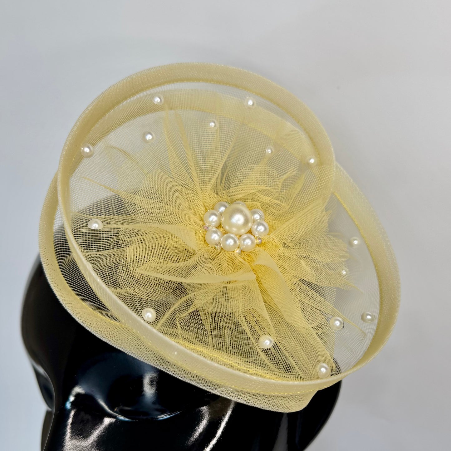 Pastel Yellow Bloom Twisted Fascinator Hat with Pearls