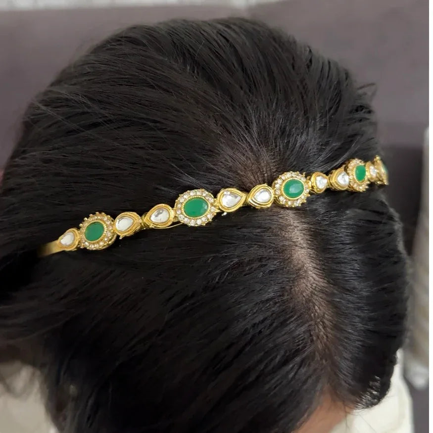 Green Kundan Hairband | Traditional Bridal Hair Accessory for Festive Looks