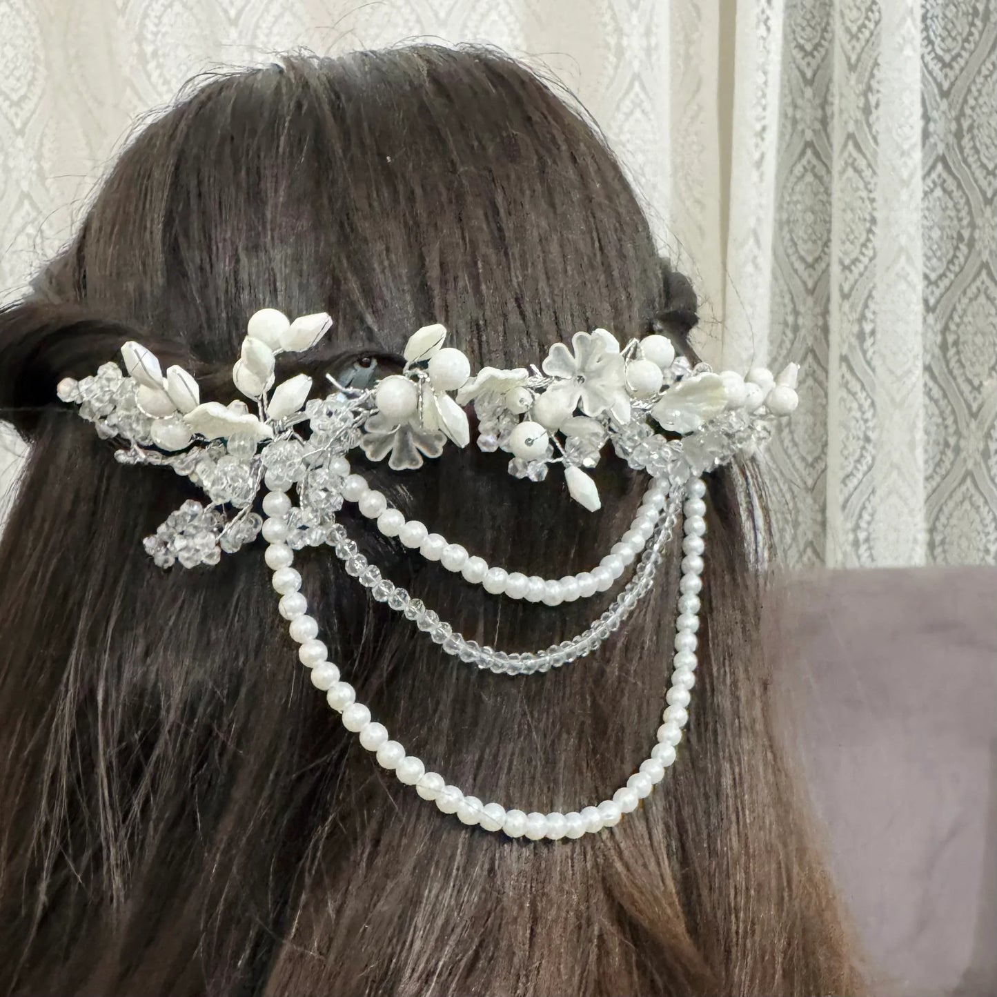 Royal Grace Drape Hairpiece | Pearl & Crystal Floral Bridal Hair Accessory