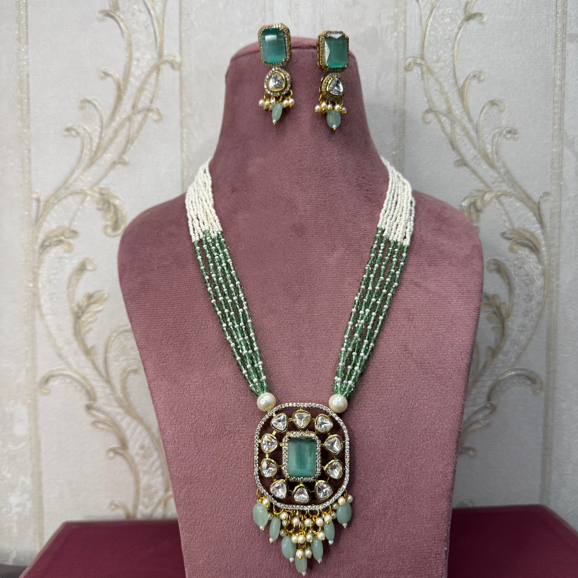 Pearl & Kundan Rani Haar with Matching Earrings – Green Stone Detailing