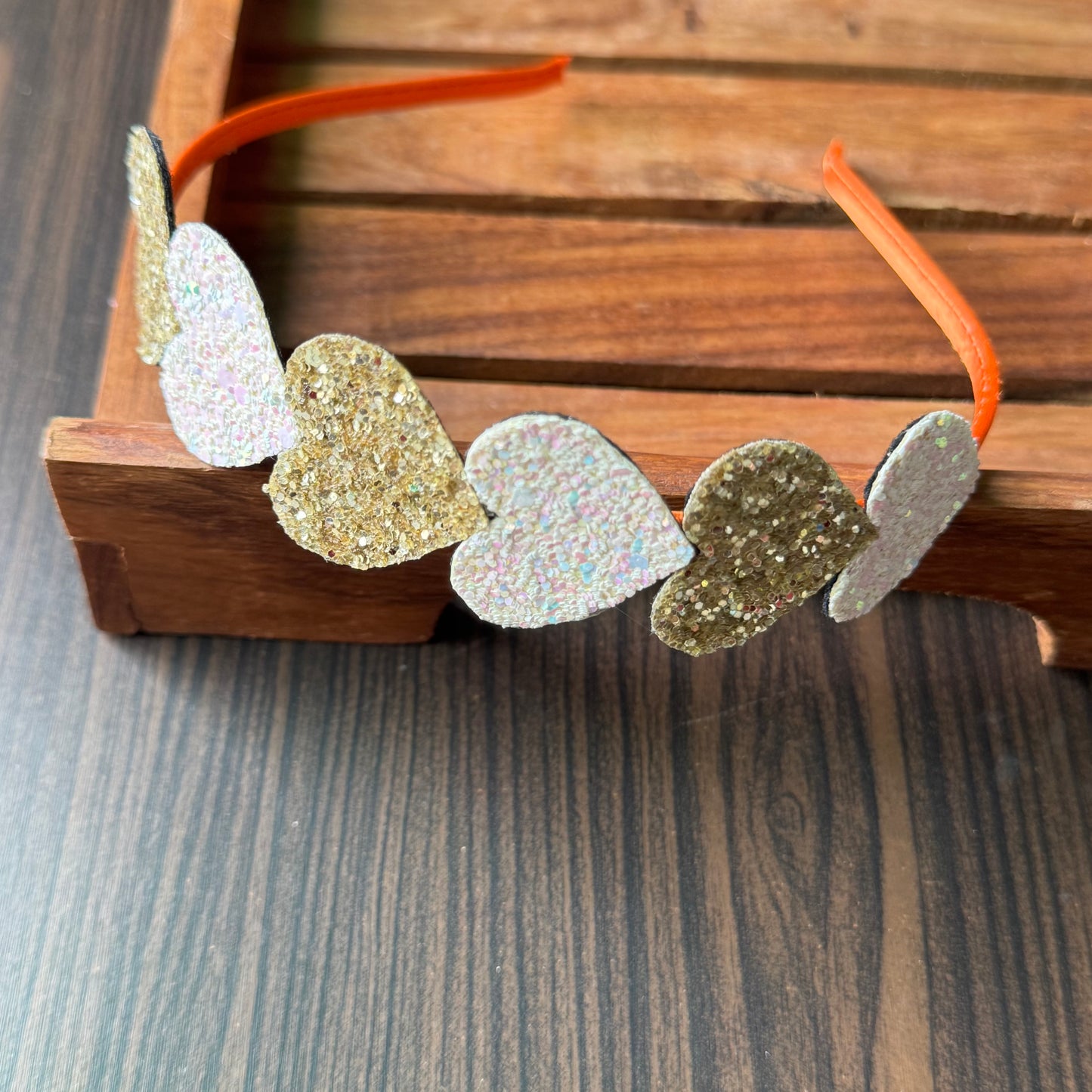 Glitter Heart Parade Orange Headband – Silver & Gold Hearts