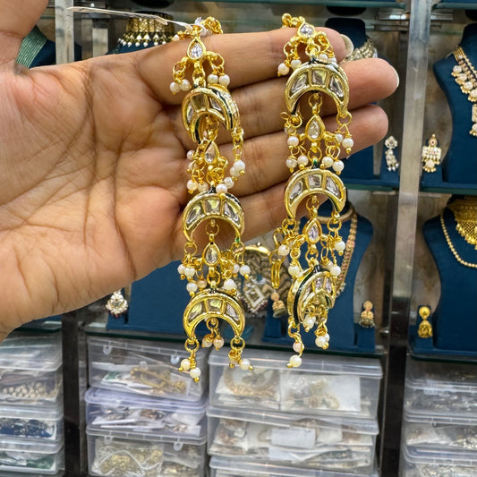 Gold-Plated Kundan Chaand Earrings with Pearl Drops