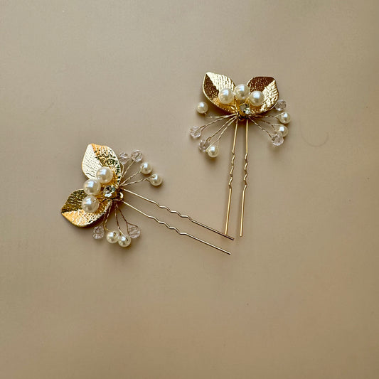 Gold Leaf Pearl Bridal Hair Pins - Set of 2