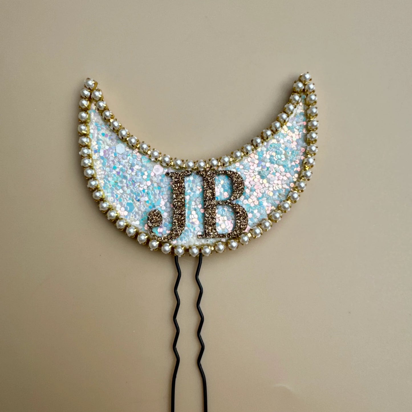 Pearl-Edged Crescent Moon Hair Pin (with Couple Initials)