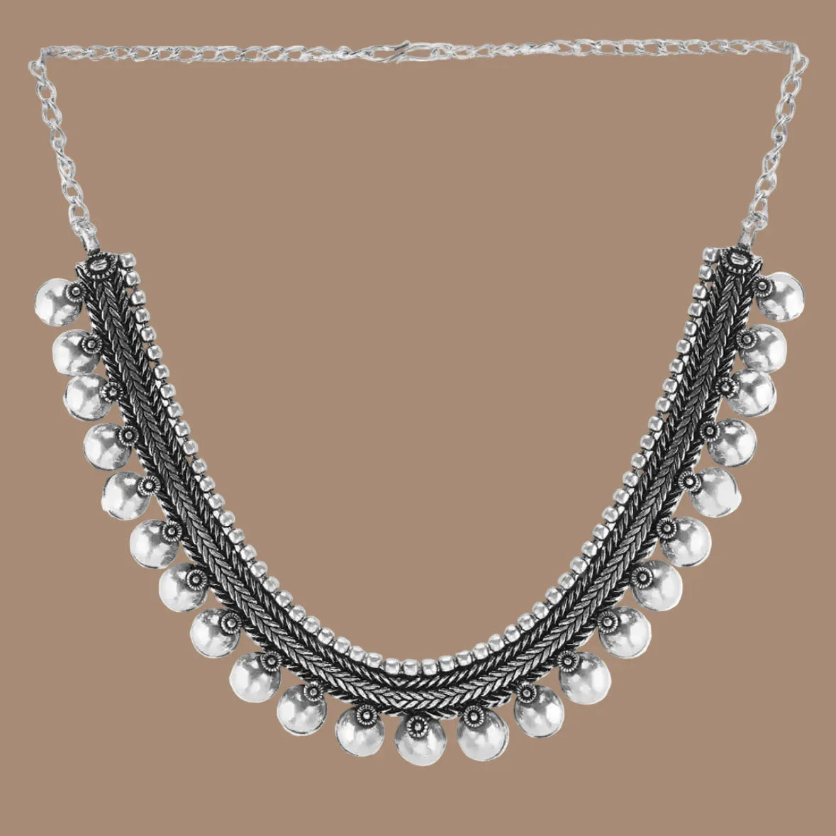 Oxidised Silver-Toned Necklace with Ghungroo Detailing