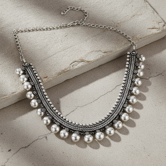 Oxidised Silver-Toned Necklace with Ghungroo Detailing