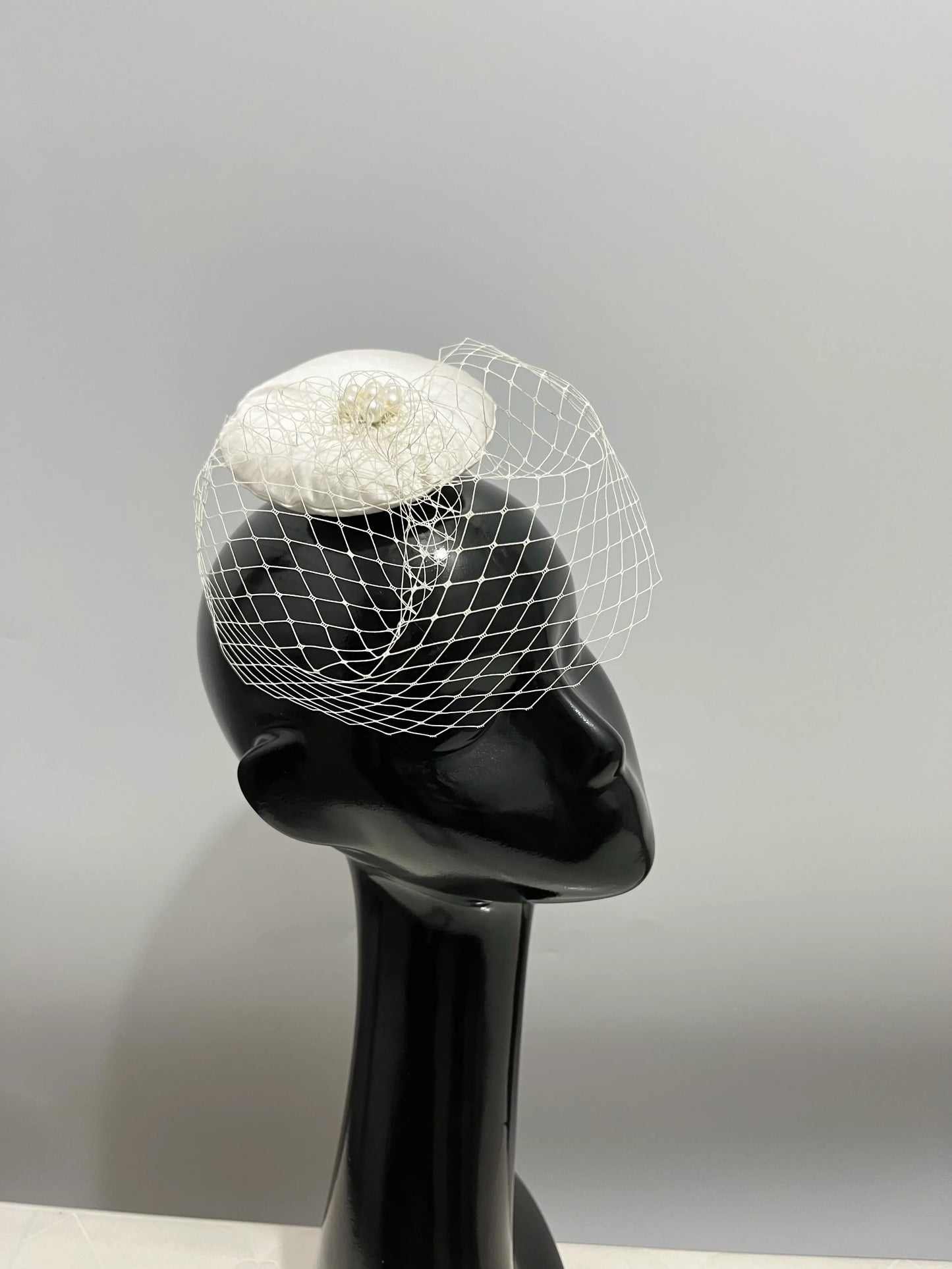White Pearls Short Birdcage Veil Fascinator | Designer Hair Accessory
