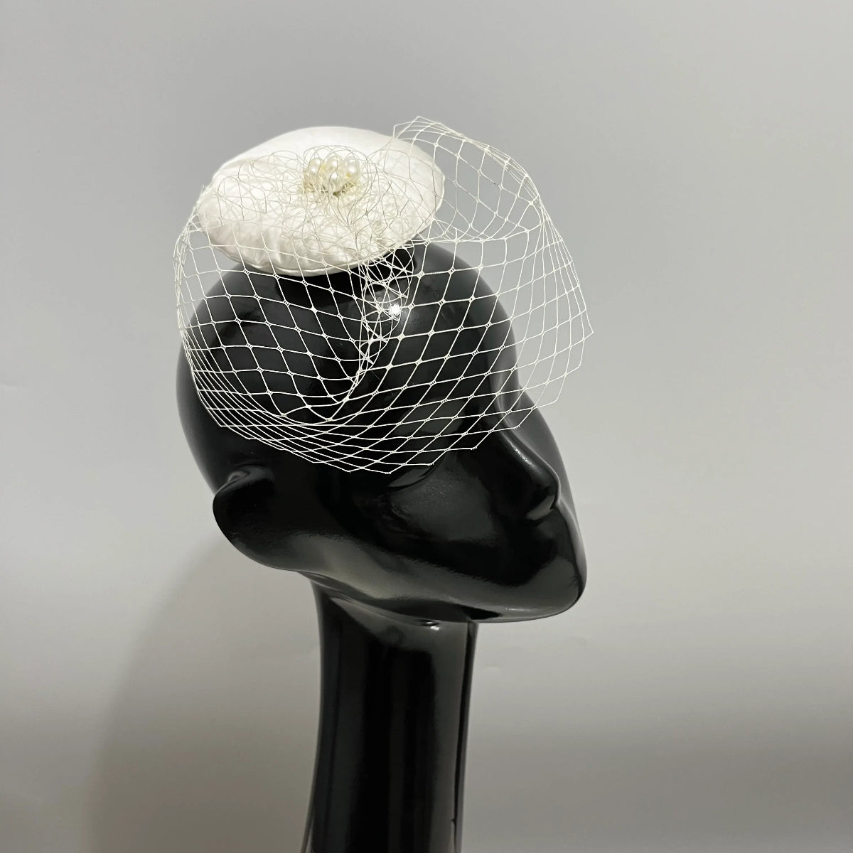 White Pearls Short Birdcage Veil Fascinator | Designer Hair Accessory