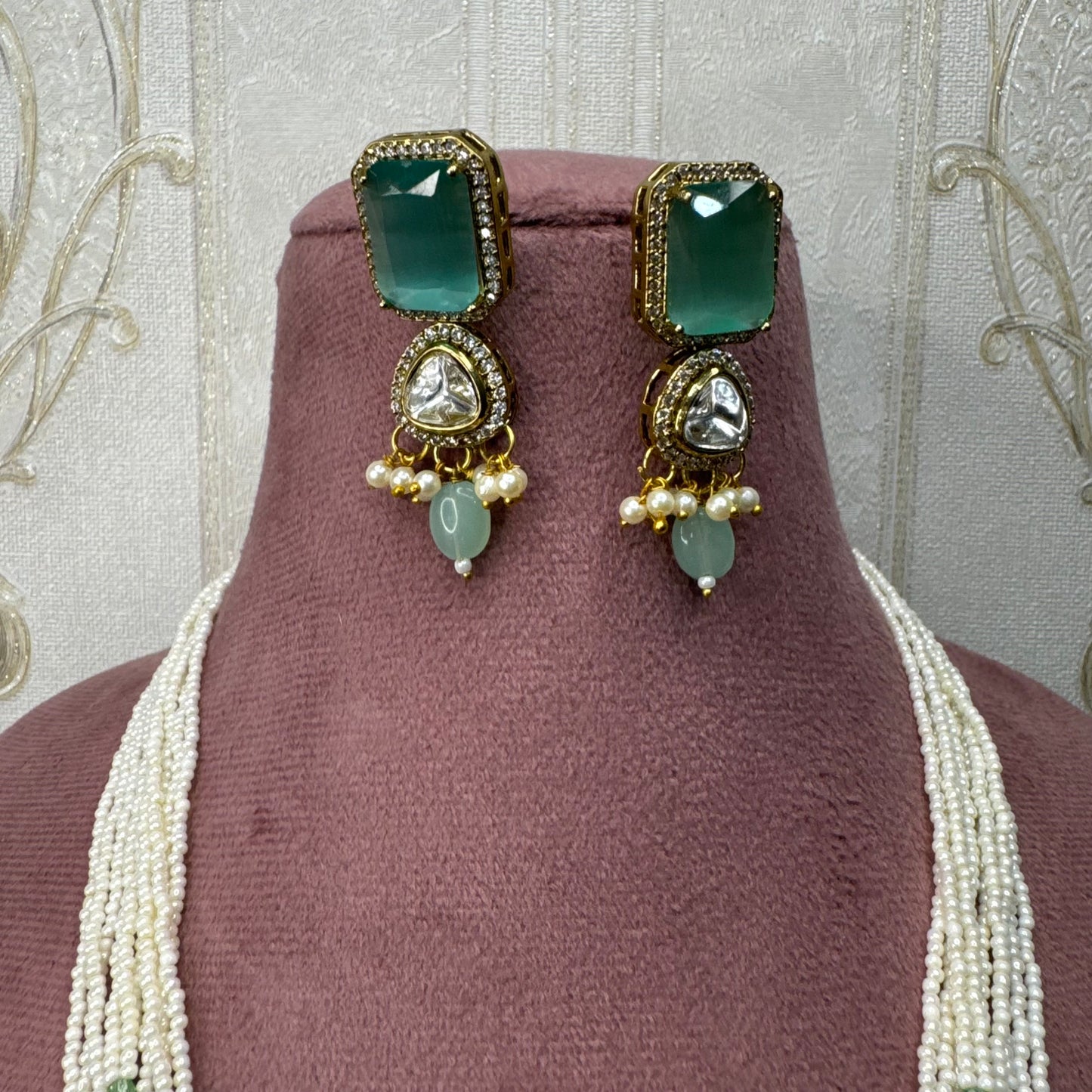 Pearl & Kundan Rani Haar with Matching Earrings – Green Stone Detailing