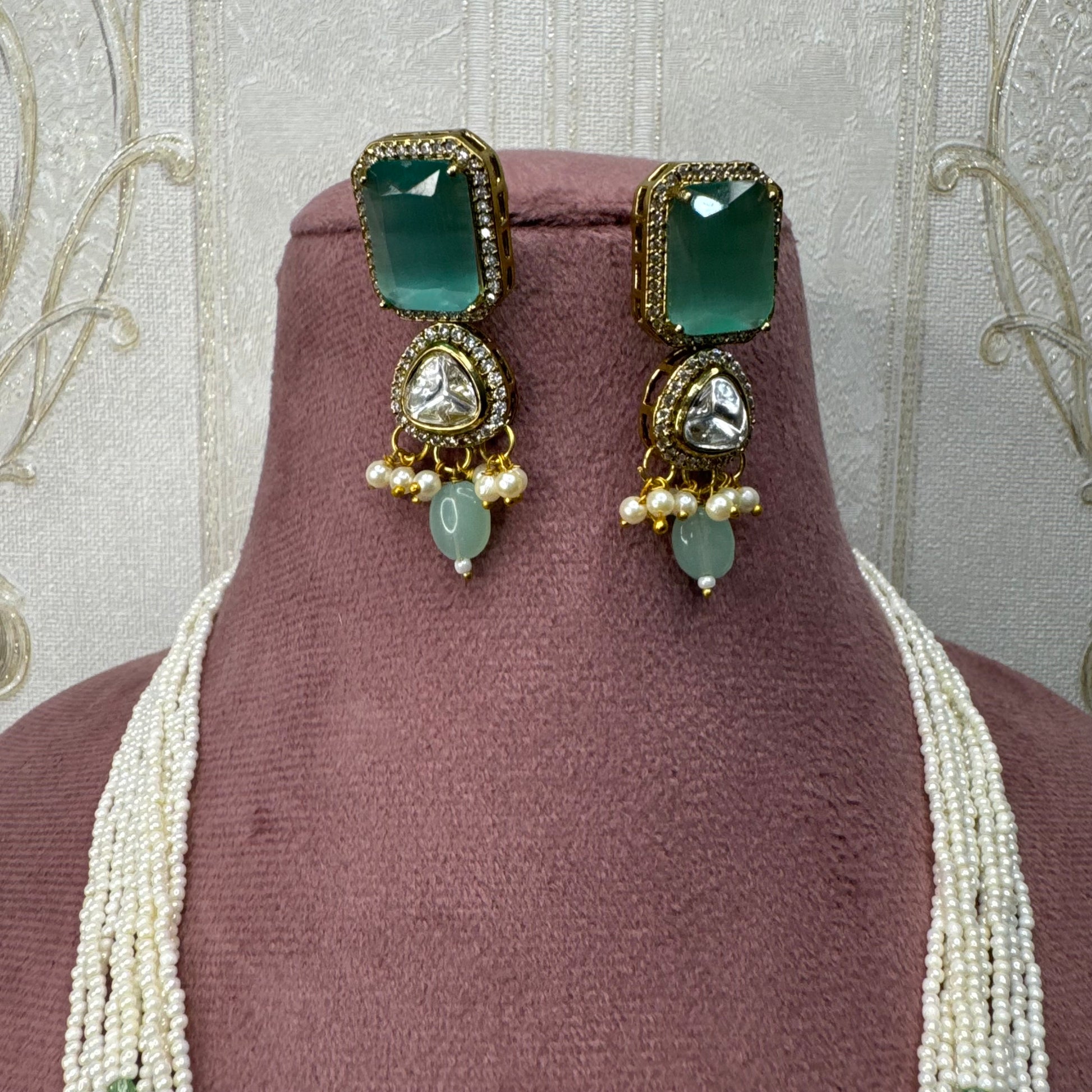 Pearl & Kundan Rani Haar with Matching Earrings – Green Stone Detailing