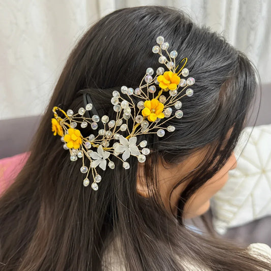 Haldi Crystal & Pearl Bridal Hair Vine | Yellow Crystal Hair Accessory for Haldi & Mehendi