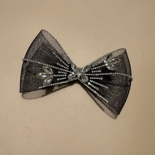 Black Rhinestone Sparkle Mesh Bow Hair Clip