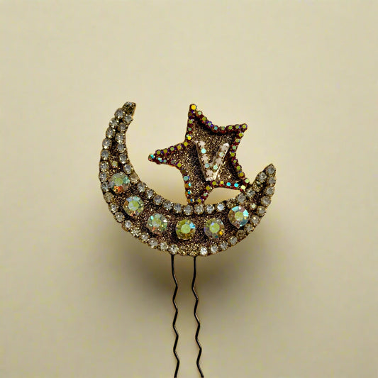 Personalized Crescent Moon & Star Hair Pin with Initial – Sparkling Hair Accessory