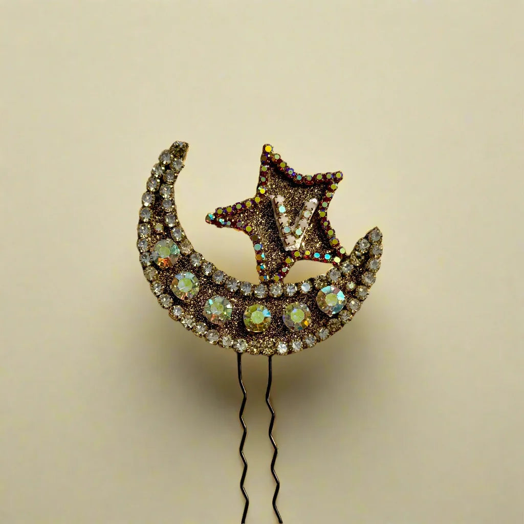 Personalized Crescent Moon & Star Hair Pin with Initial – Sparkling Hair Accessory