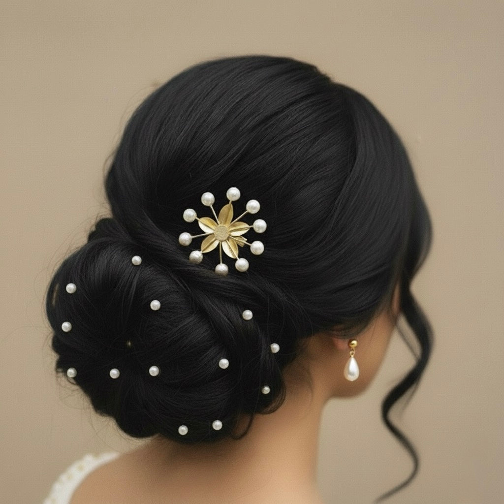Brass Pearl Burst Floral Hair Pin